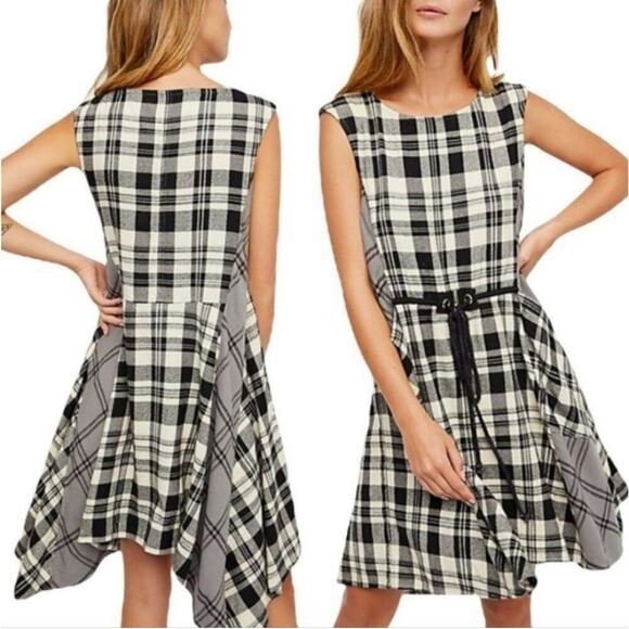 Free People Land Lines Plaid XS Grey White Black Dress - Picture 5 of 5